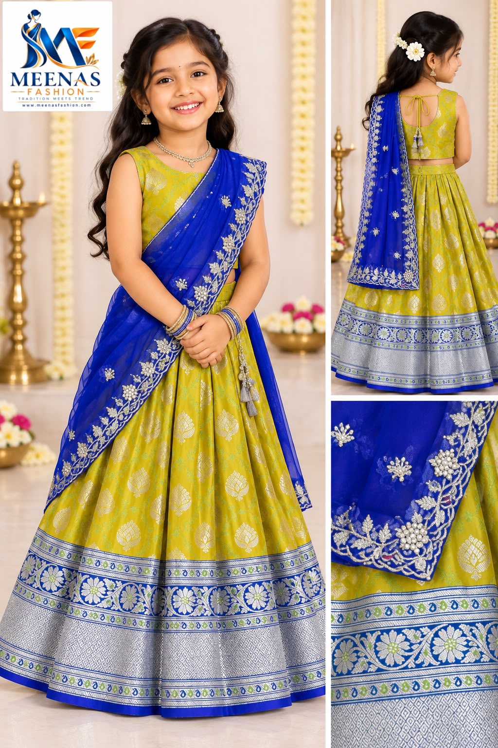 Girls Lime Green & Royal Blue Lehenga Choli Set