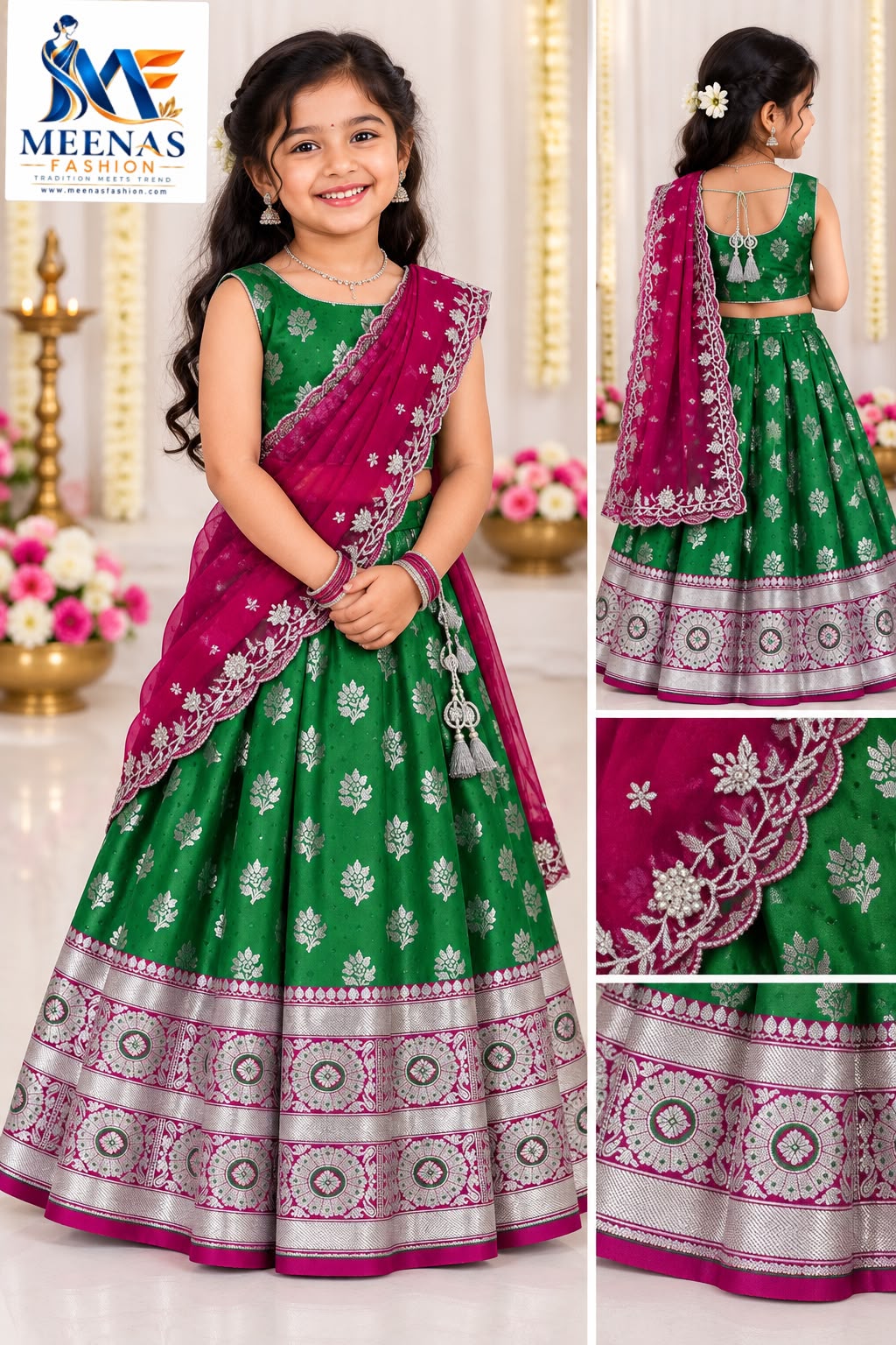 Girls Emerald Green & Rani Pink Lehenga Choli Set