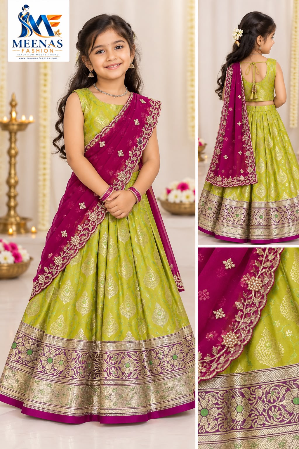 Girls Lime Green & Rani Pink Lehenga Choli Set