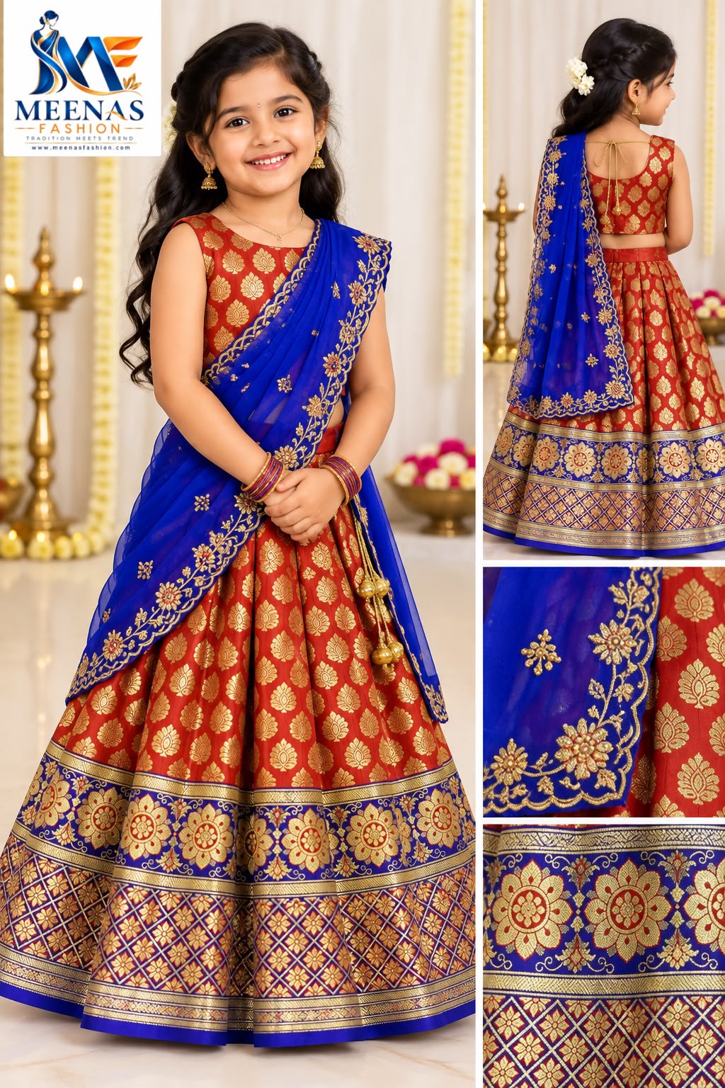 Girls Rust Red & Royal Blue Lehenga Choli Set