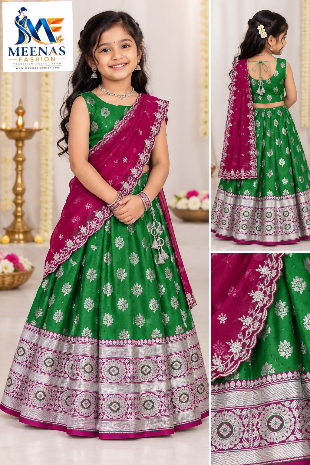 Girls Emerald Green & Rani Pink Lehenga Choli Set