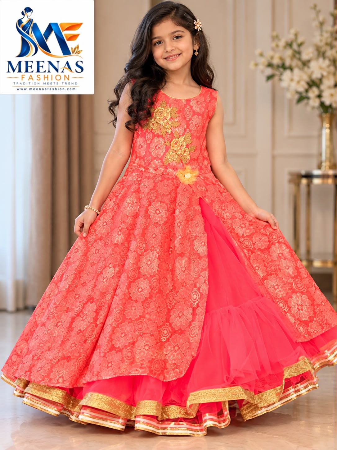 Girls Coral Pink & Gold Party Wear Gown