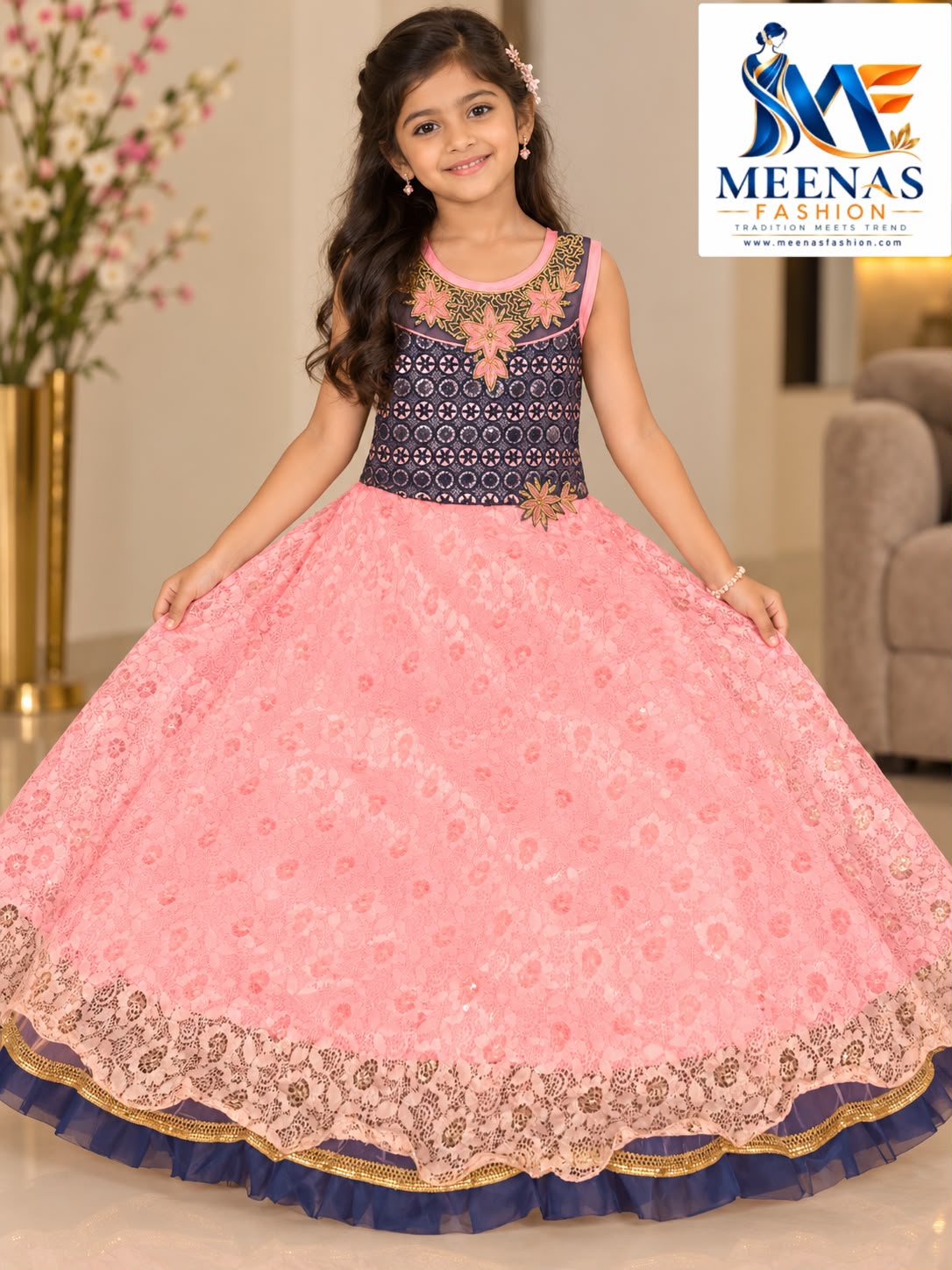 Girls Baby Pink & Navy Blue Party Wear Gown