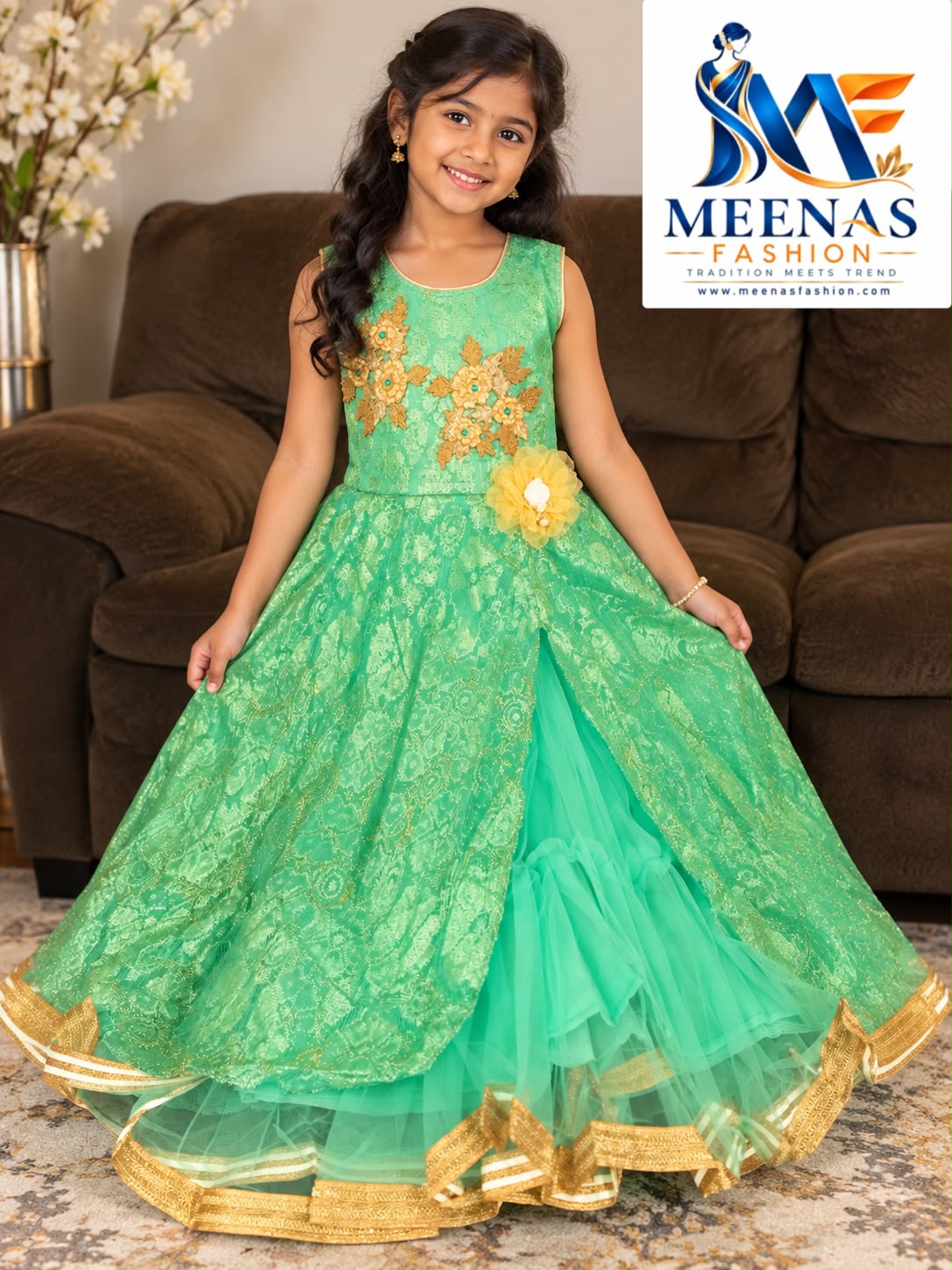Girls Mint Green & Gold Party Wear Gown