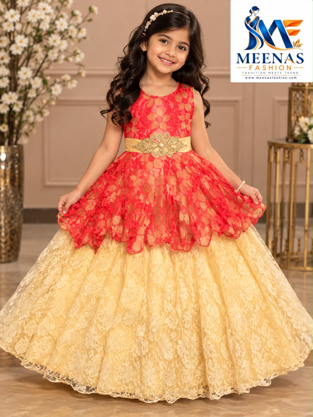 Girls Coral Red & Champagne Gold Party Wear Gown