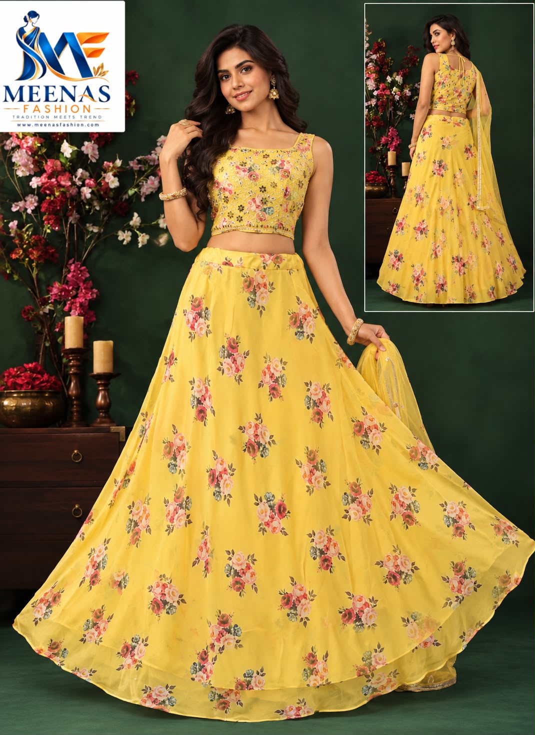 Women’s Mustard Yellow Floral Printed Lehenga Choli Set