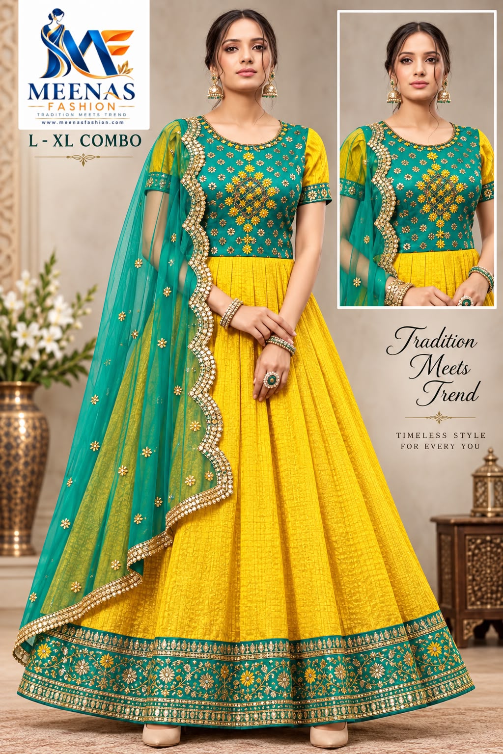 Women’s Mustard Yellow & Teal Green Lehenga Choli Set