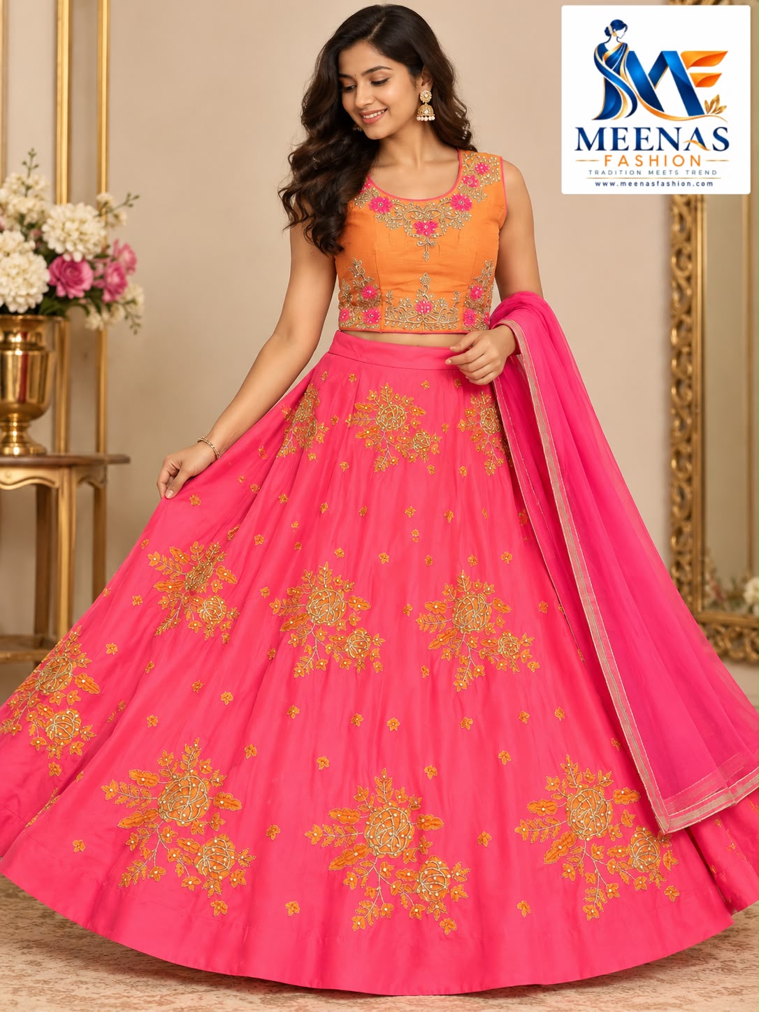 Women’s Rani Pink & Orange Embroidered Lehenga Choli Set