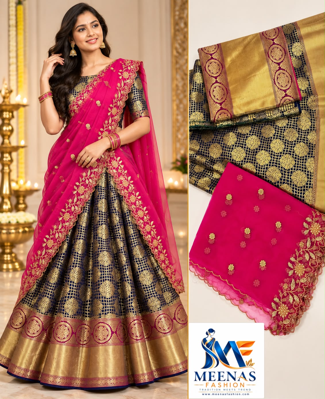 Women’s Navy Blue & Rani Pink Banarasi Lehenga Choli Set