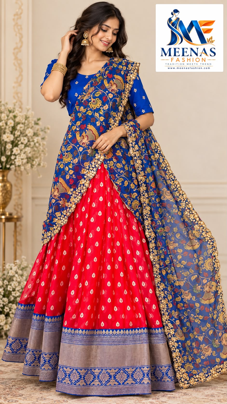Women’s Bright Red & Royal Blue Lehenga Choli Set
