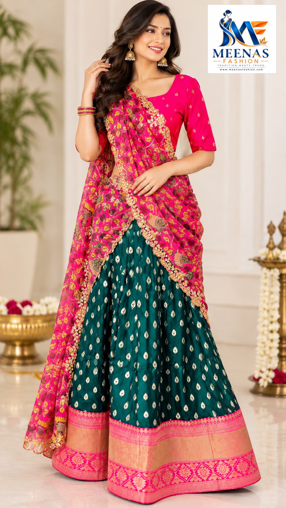 Women’s Bottle Green & Rani Pink Lehenga Choli Set