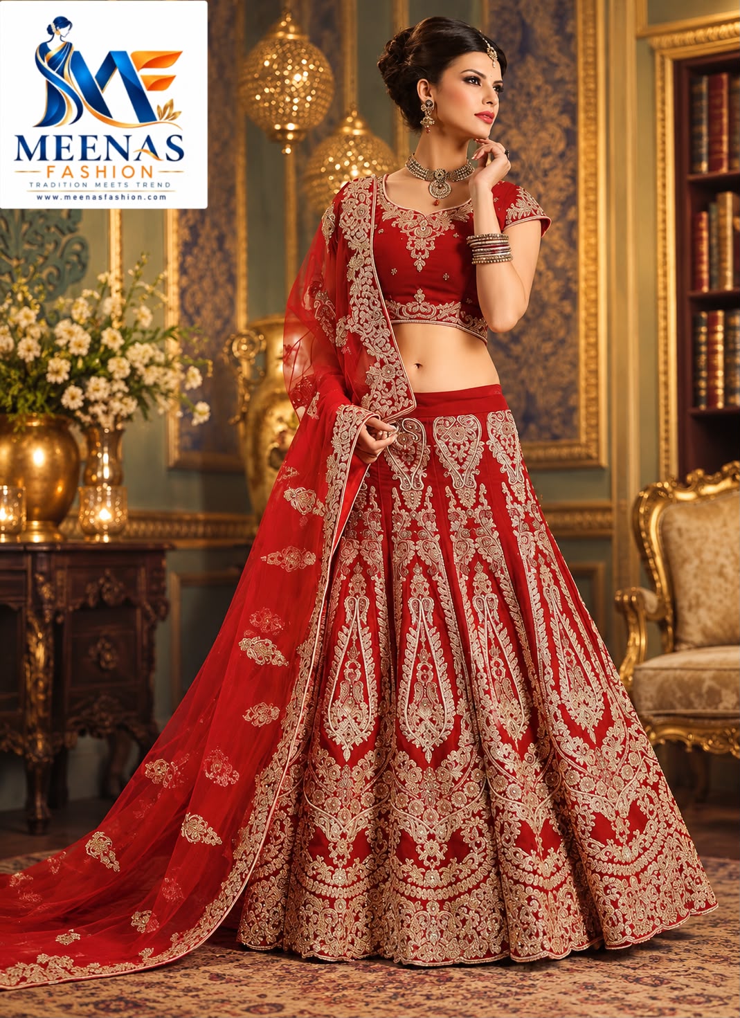 Women’s Deep Red & Antique Gold Bridal Lehenga Choli Set