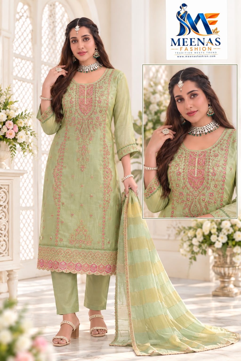 Women’s Pista Green Embroidered Straight Suit Set with Dupatta