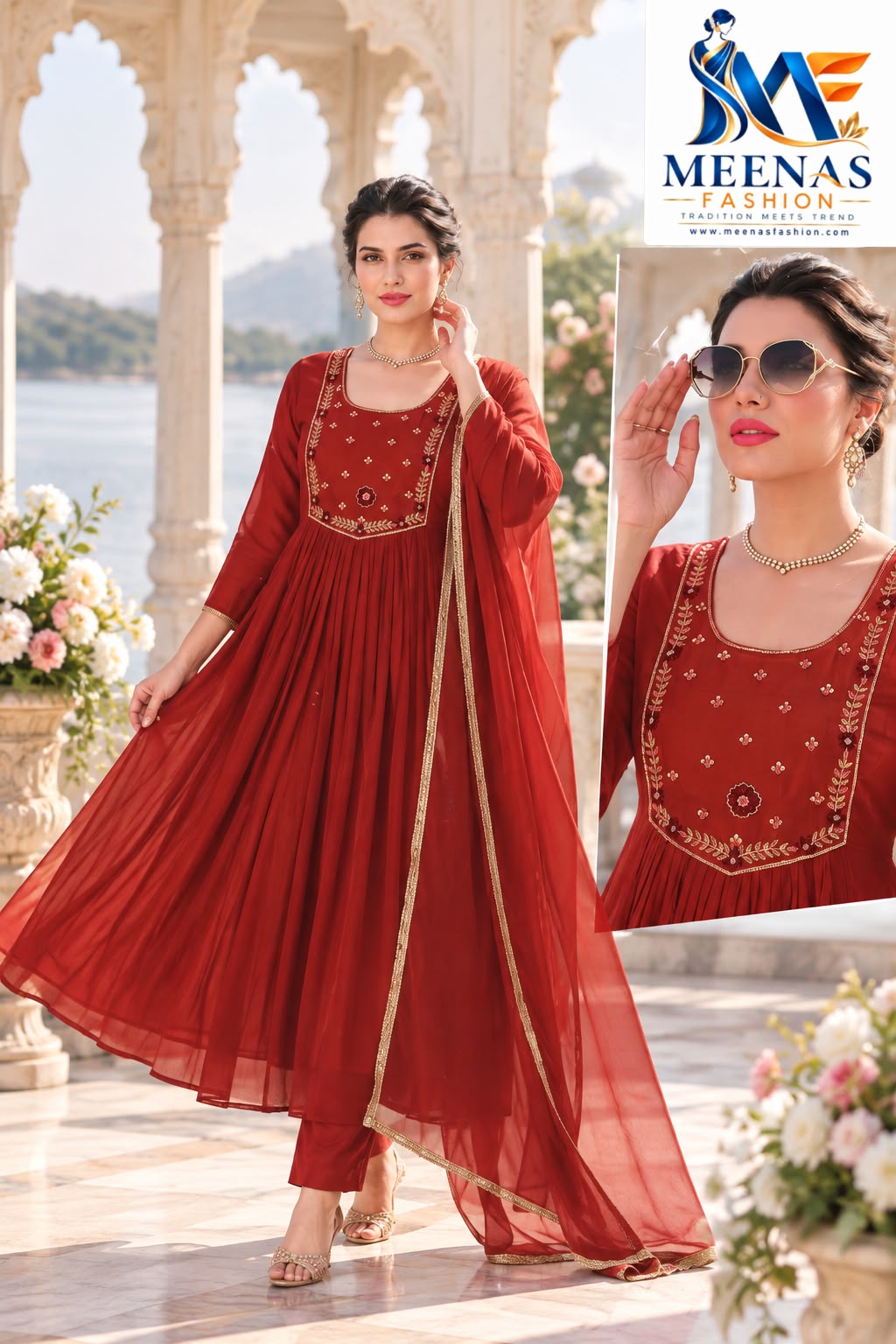 Women’s Rust Red & Gold Embroidered Anarkali Suit Set