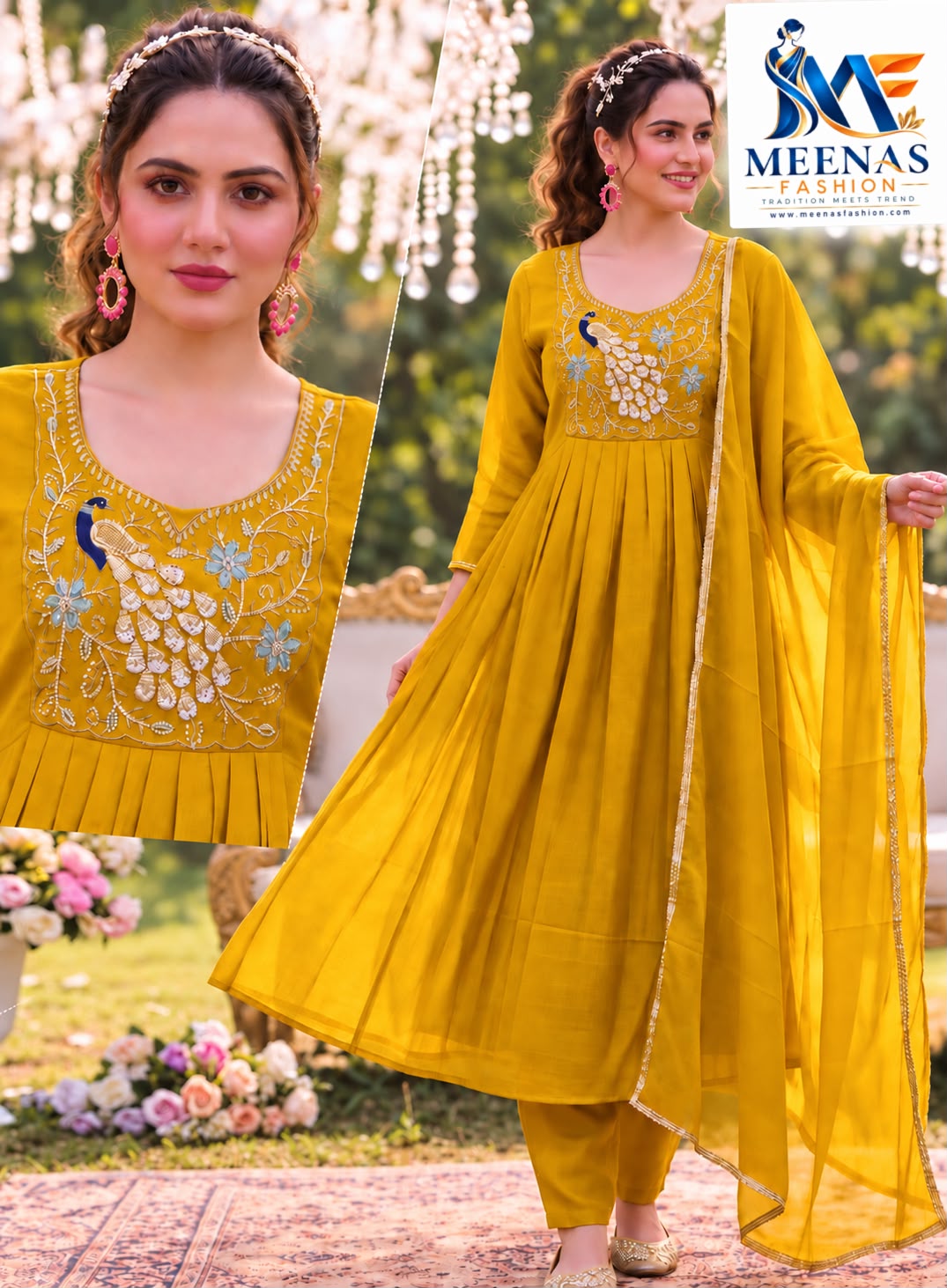 Women’s Mustard Yellow Embroidered Anarkali Suit Set