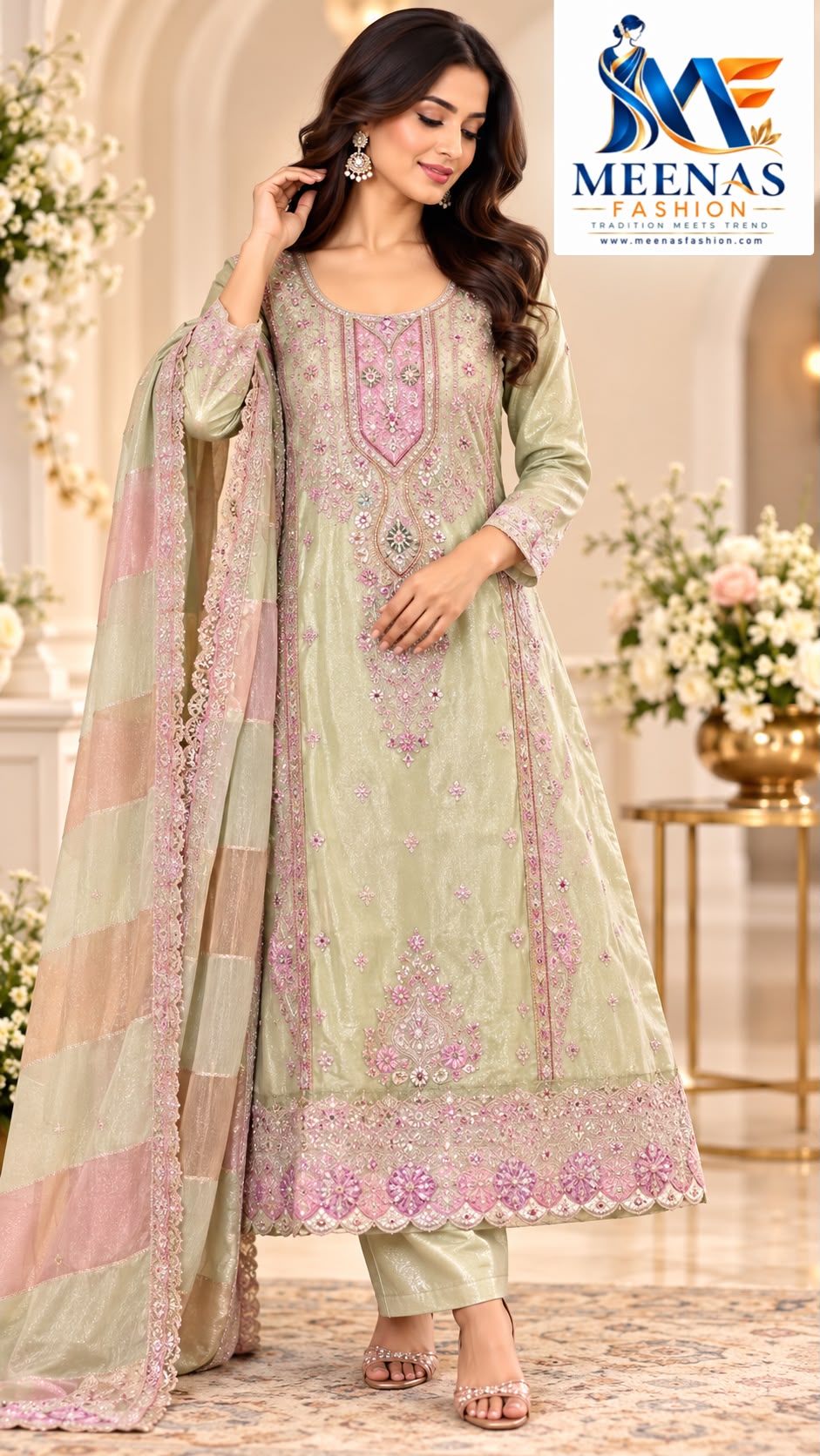 Women’s Pista Green & Pink Embroidered Straight Suit Set