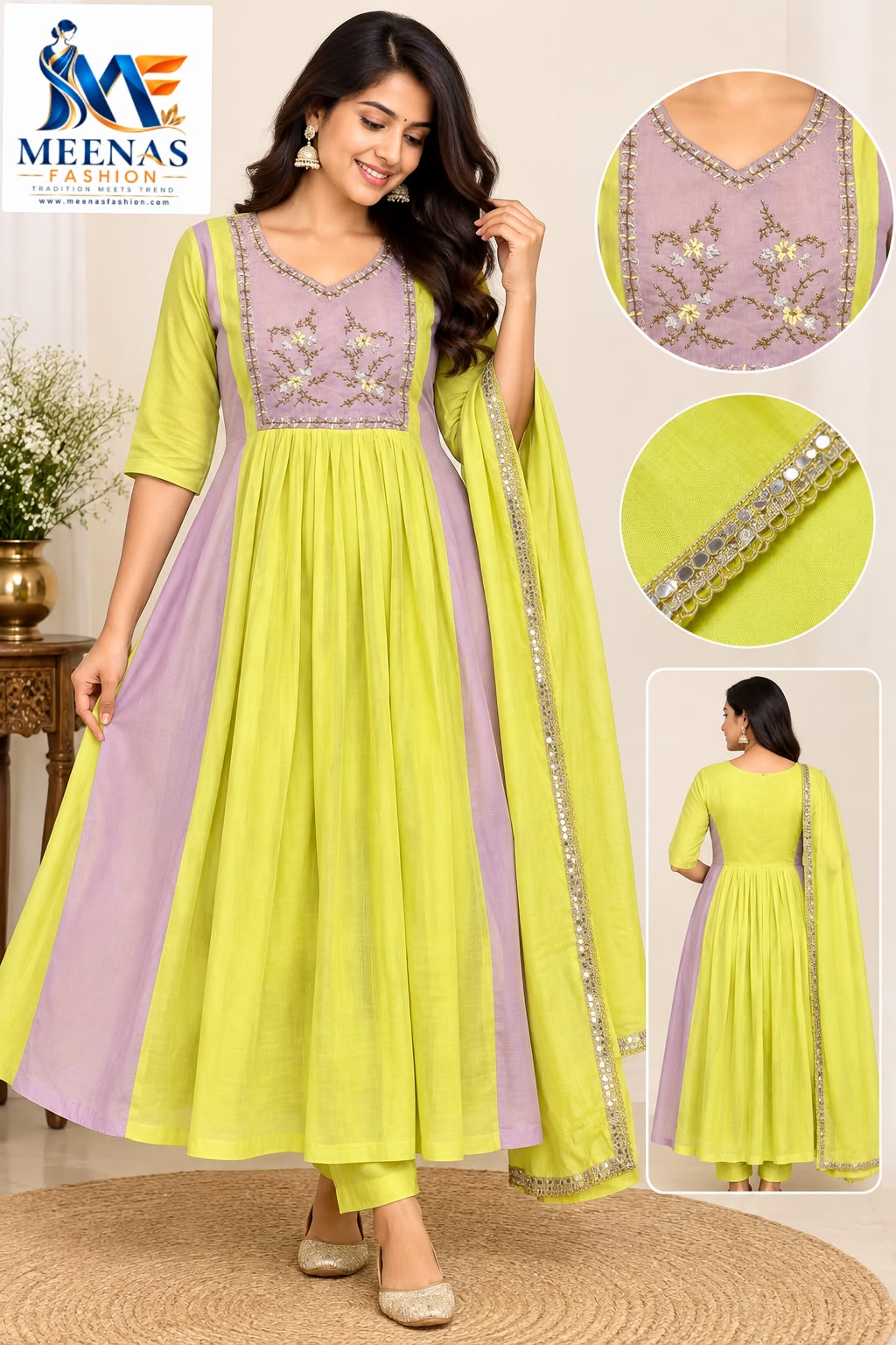Women’s Lime Green & Lavender Embroidered Anarkali Suit Set