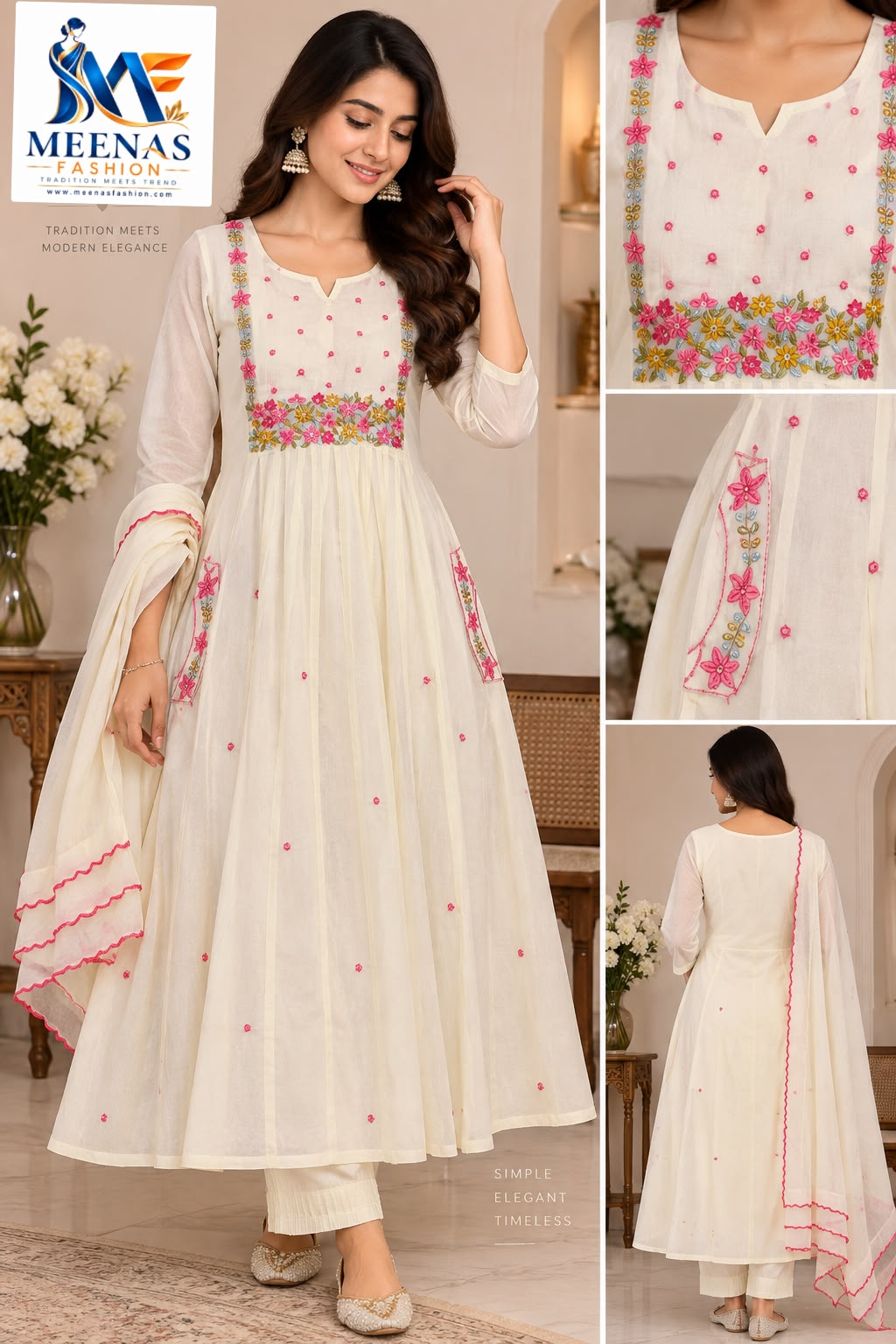 Women’s Ivory White Floral Embroidered Anarkali Suit Set