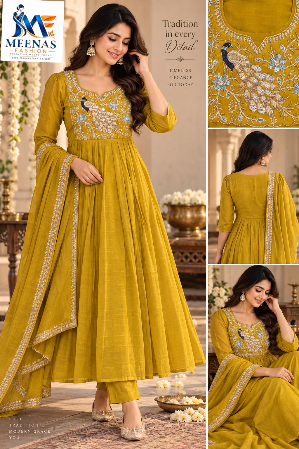 Women’s Mustard Yellow Peacock Embroidered Anarkali Suit Set