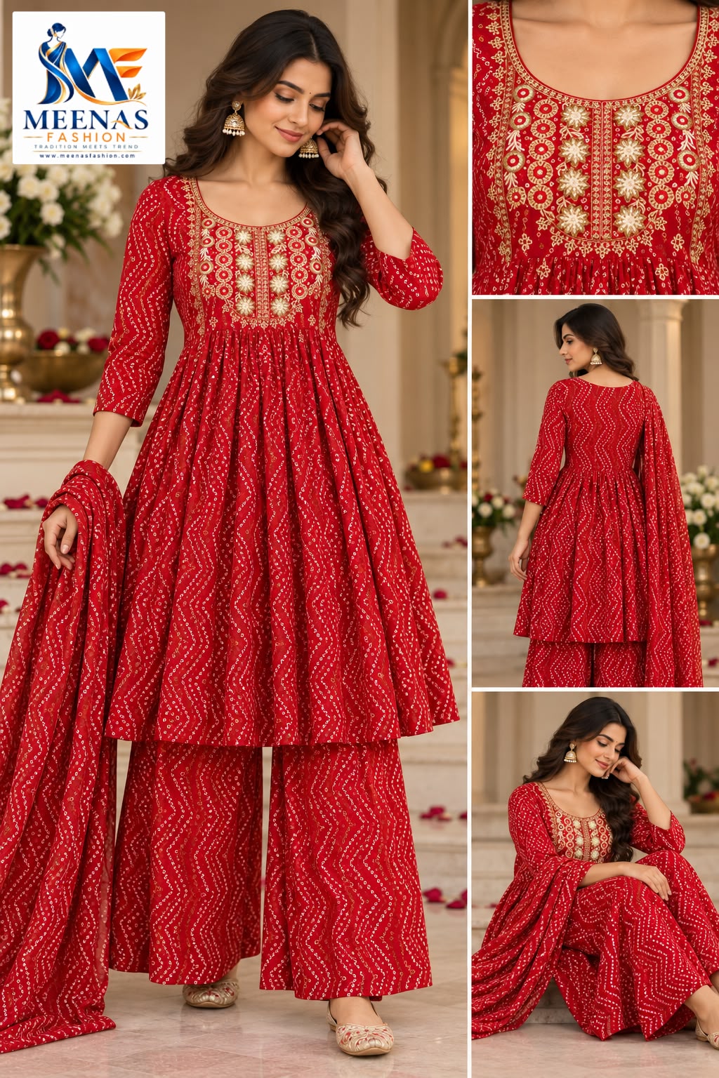 Women’s Red Bandhani Embroidered Kurta Palazzo Set with Dupatta