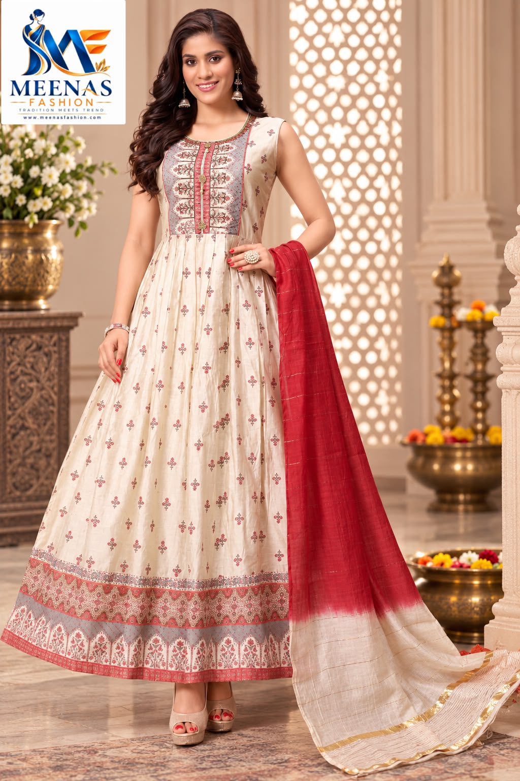 Women’s Ivory & Maroon Printed Anarkali Dress with Dupatta