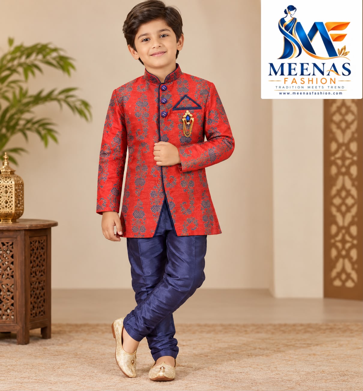 Boys’ Red & Navy Blue Printed Jodhpuri Suit Set