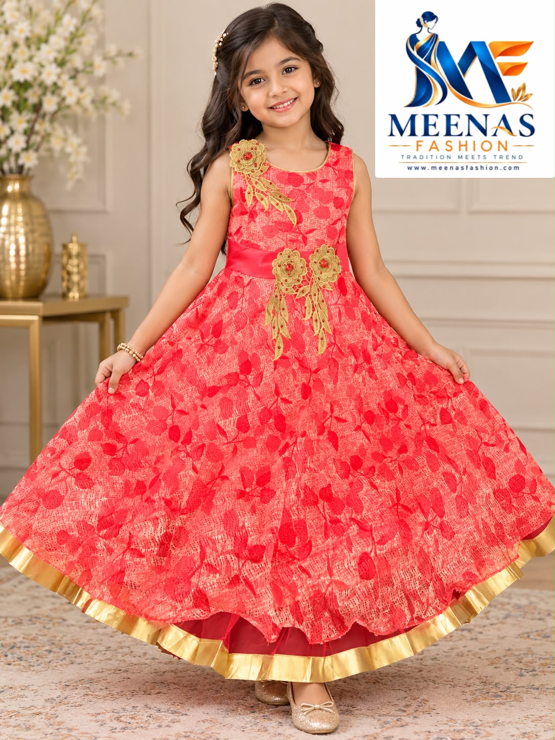 Girls’ Coral Red Floral Party Wear Gown with Gold Detailing