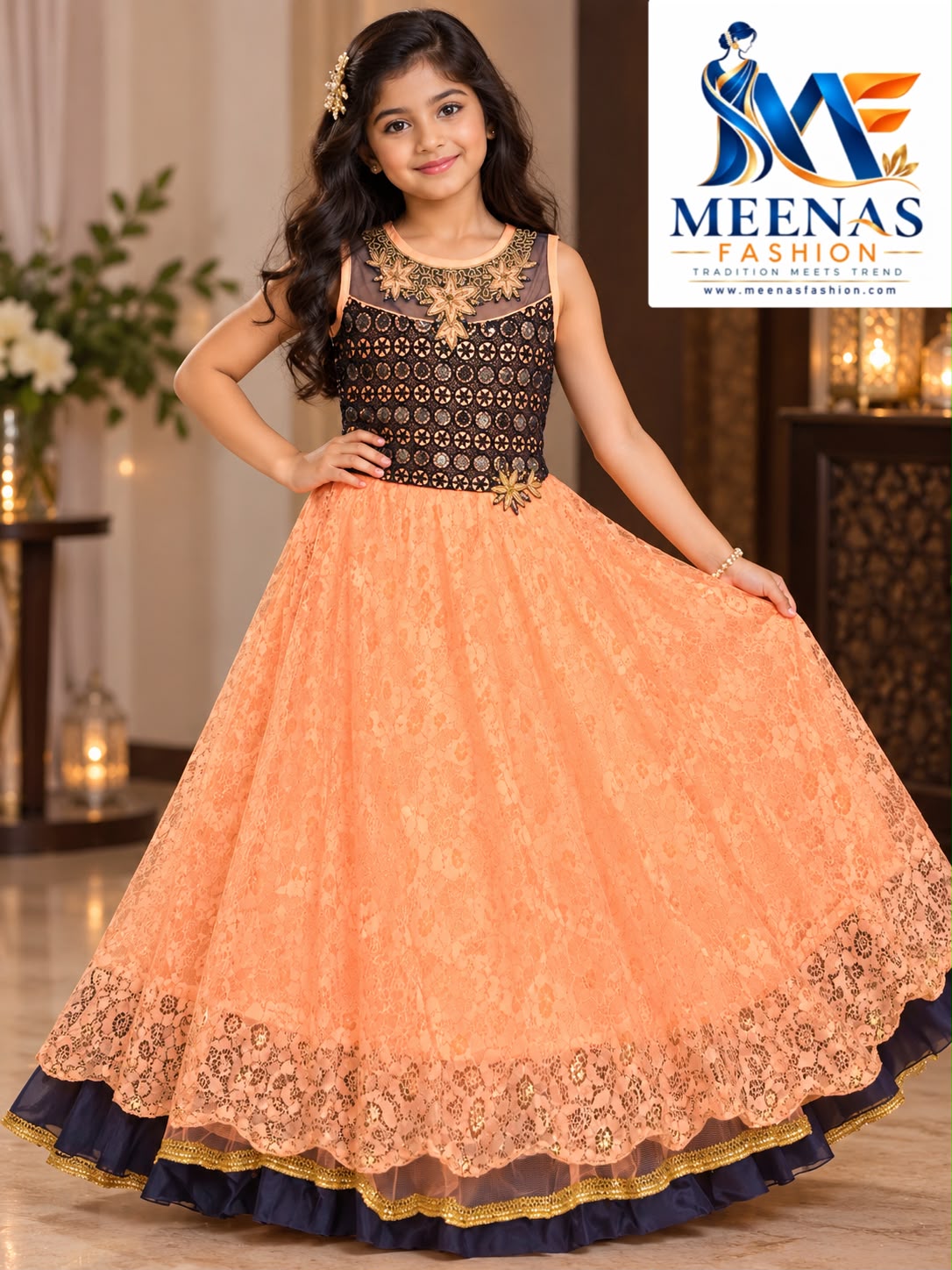 Girls’ Peach & Black Lace Party Wear Gown with Gold Embroidery