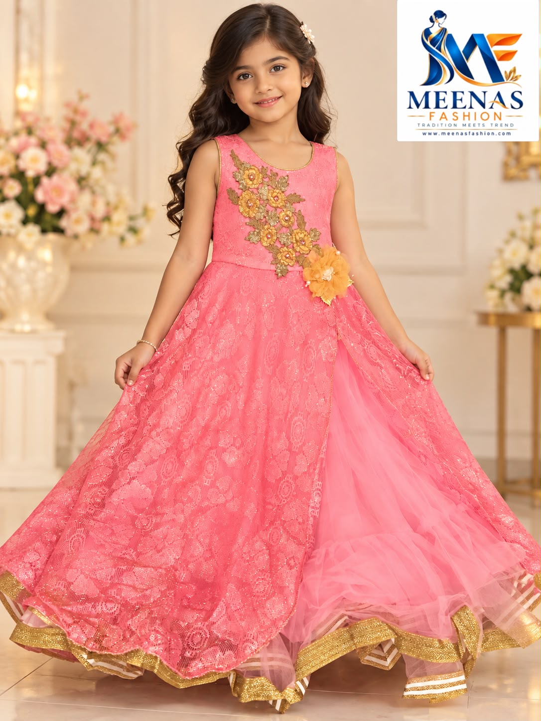 Girls’ Coral Pink Lace Party Wear Gown with Floral Embroidery