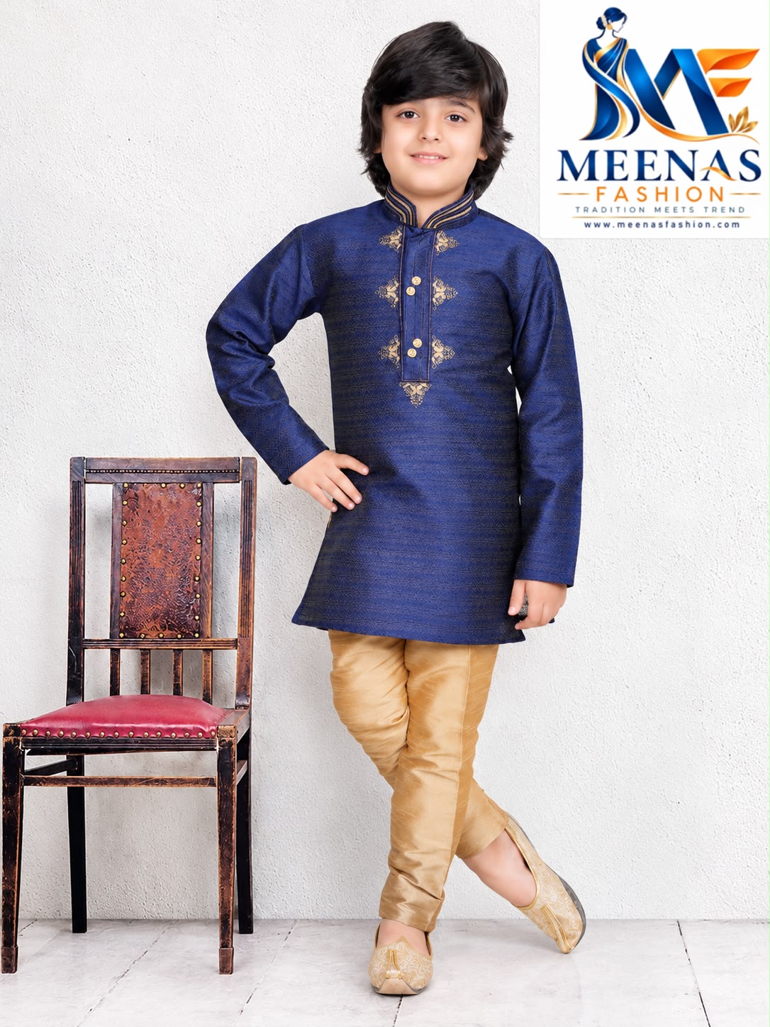 Boys’ Navy Blue Jacquard Kurta with Beige Pajama Set