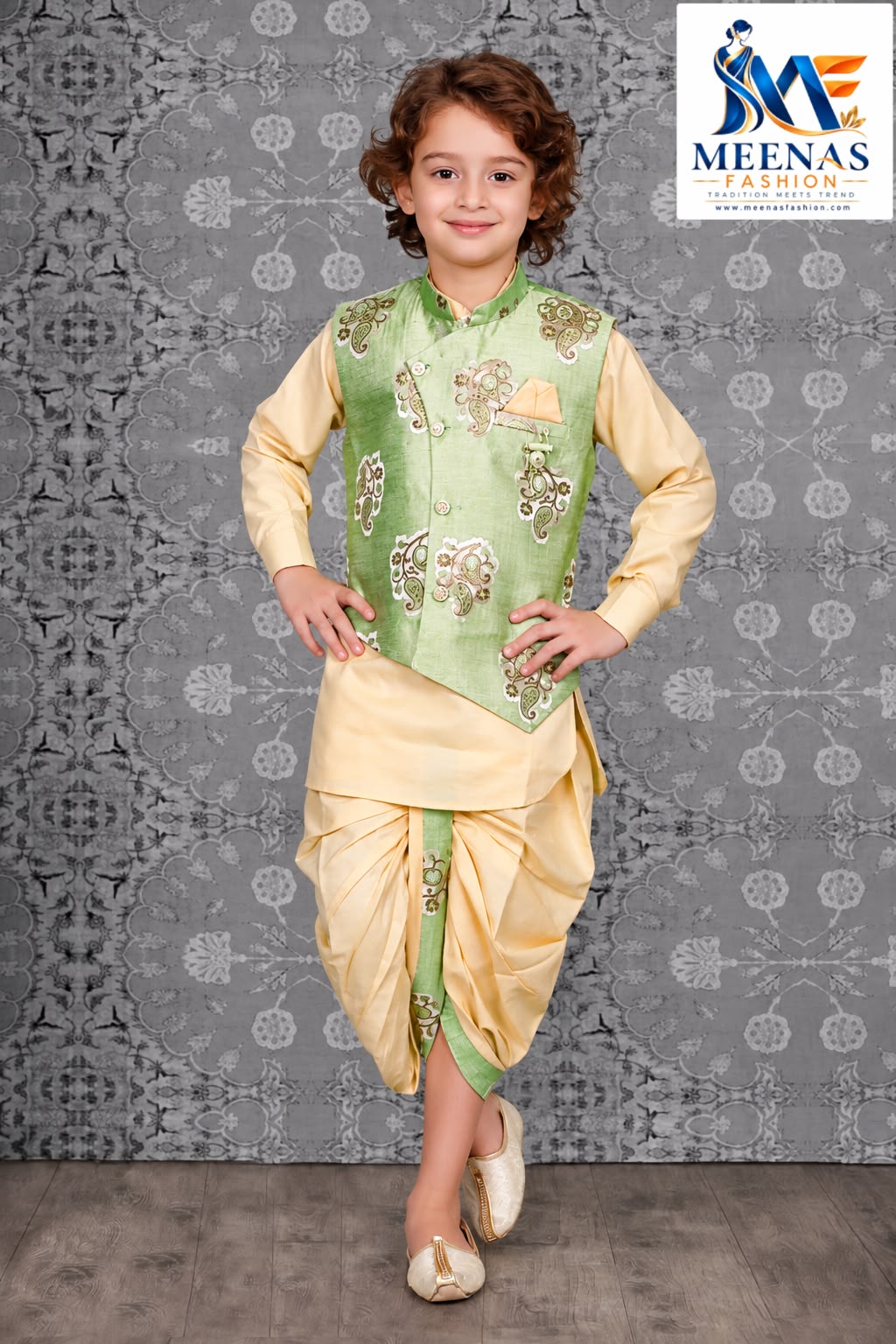 Boys’ Pista Green Printed Nehru Jacket with Cream Kurta Dhoti Set