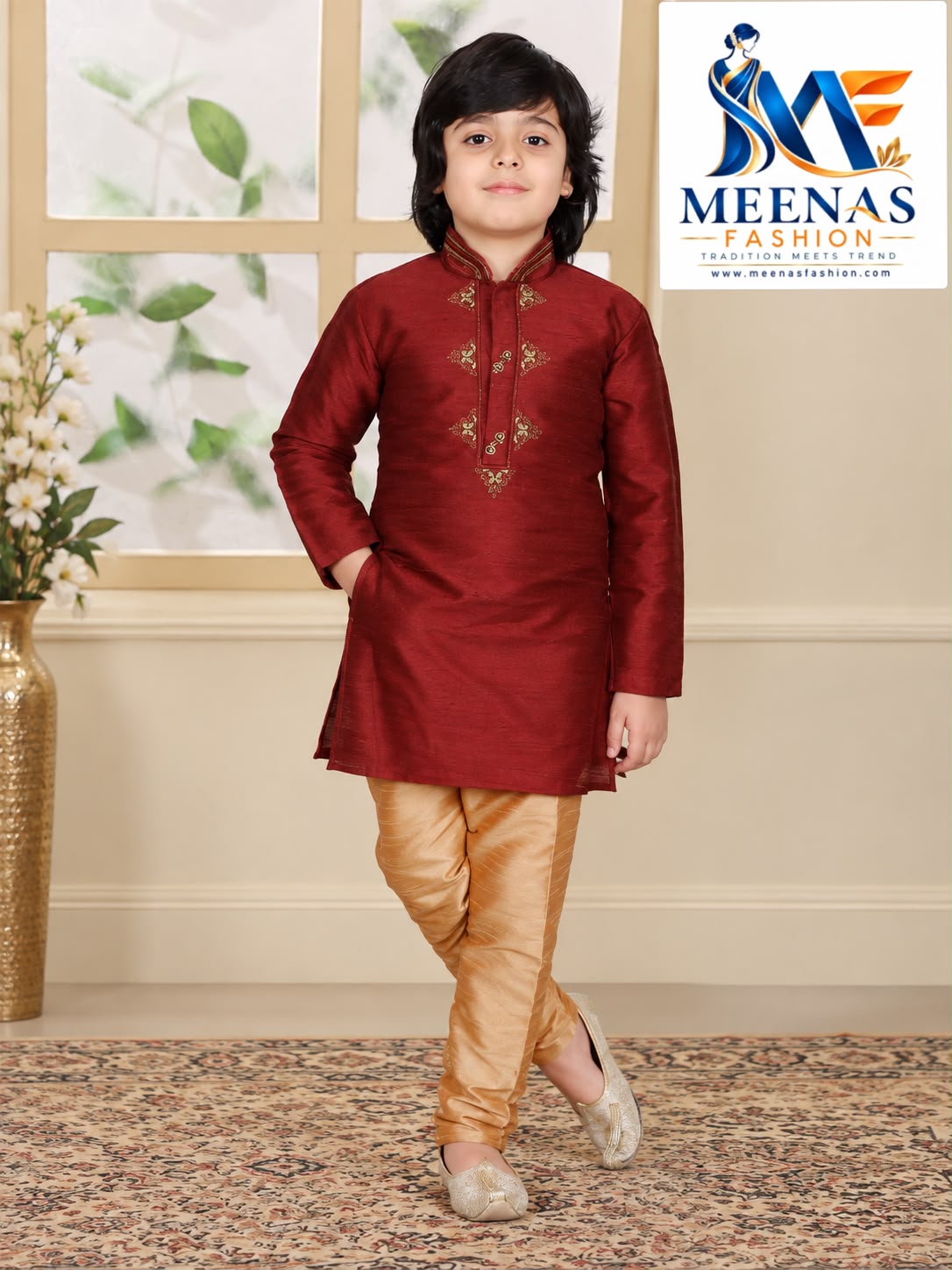 Boys’ Maroon Embroidered Kurta with Golden Pajama Set