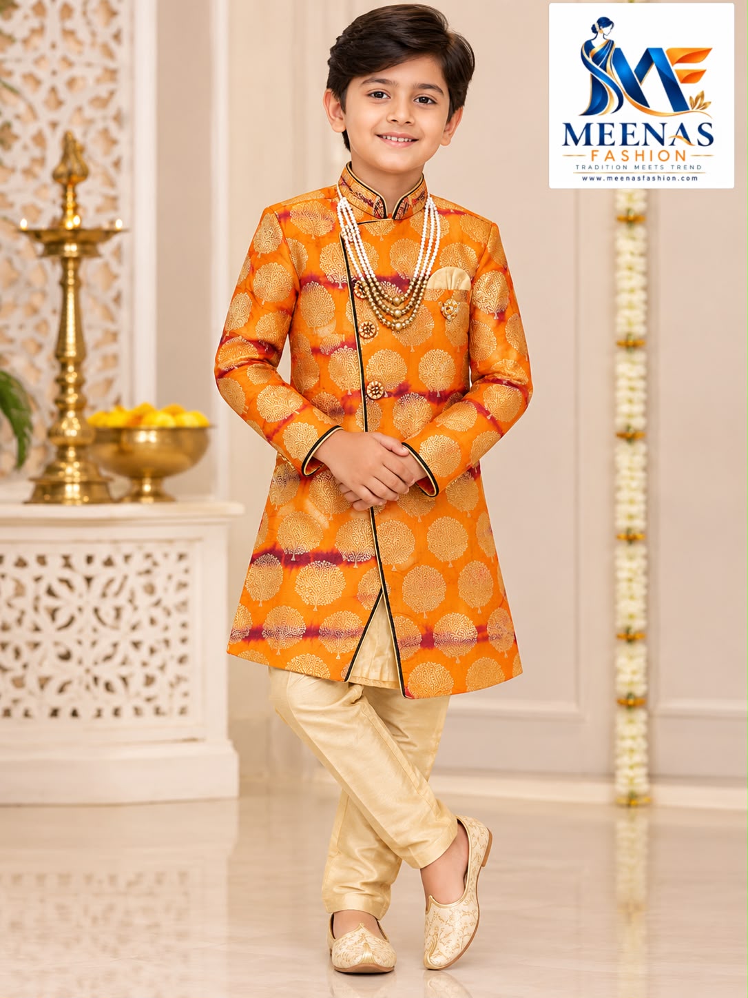 Boys’ Orange & Gold Jacquard Indo-Western Sherwani Set