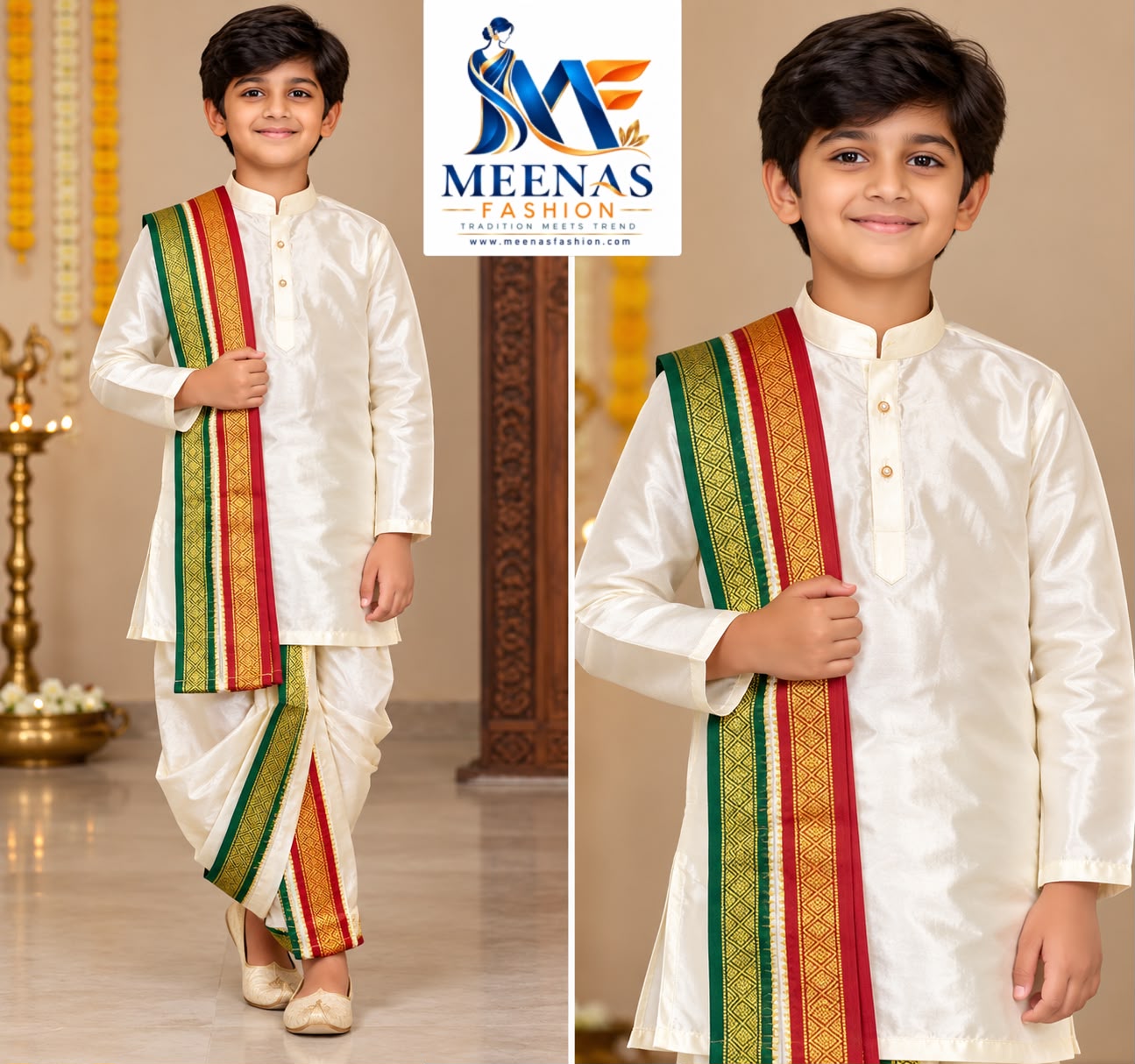 Boys’ Ivory Silk Kurta Dhoti Set with Traditional Border Stole