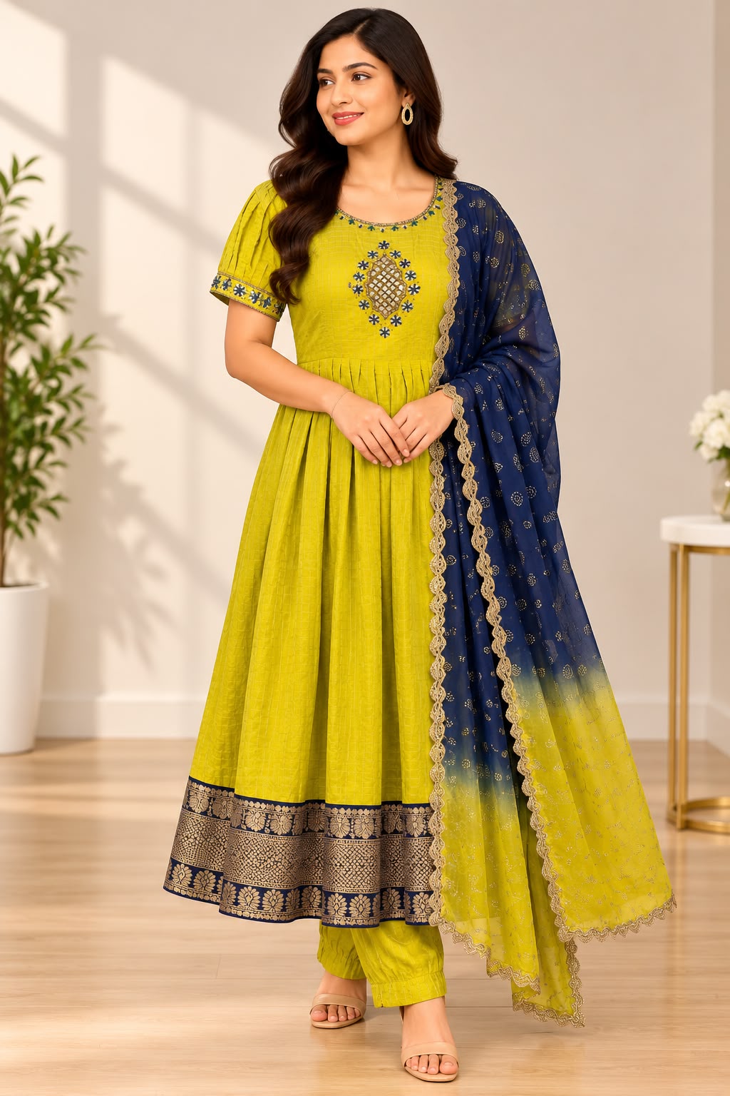 Mehandi Green and Navy-Blue Core silk Dress